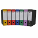 Registratore STARLINE modello StarBox, con struttura in cartone rivestita in carta goffrata stampata e risguardo bianco. Dotato di meccanismo a leva in acciaio nichelato con pressino. Custodia in fibrone nero rivestita in carta usomano. Anello di estrazio