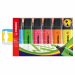 Busta 6 colori assortiti.
Classica forma appiattita antirotolamento. Inchiostro fluido a base d'acqua. Tecnologia  Anti-Dry-Out: resiste 4 ore senza cappuccio. Punta scalpello con tratto da 2 a 5mm.