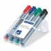 Busta 4 colori assortiti. Marcatore con inchiostro a base d’acqua con punta sintetica per lavagne a fogli mobili. Non passa la carta. Inchiostro Dry Safe: non secca se lasciato senza cappuccio. Con clip. 
Punta tonda da 2mm.