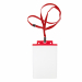 Porta nomi in PVC trasparente pesante con cordoncino rosso con dettagli rossi. Pinzetta e chiusura antisoffocamento. Formato contenuto 10x15 cm. Apertura lato corto (alto)