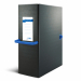 Cartelle in Colpan® nero (cartone rivestito in PVC) con chiusura a tre lembi. Maniglia in plastica blu. Occhiello e bottoni automatici in metallo nel colore della maniglia. Etichetta intercambiabile colorata. Adatte per l'archiviazione e il trasporto di p