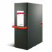 Cartelle in Colpan® nero (cartone rivestito in PVC) con chiusura a tre lembi. Maniglia in plastica rossa. Occhiello e bottoni automatici in metallo nel colore della maniglia. Etichetta intercambiabile colorata. Adatte per l'archiviazione e il trasporto di