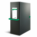 Cartelle in Colpan® nero (cartone rivestito in PVC) con chiusura a tre lembi. Maniglia in plastica verde. Occhiello e bottoni automatici in metallo nel colore della maniglia. Etichetta intercambiabile colorata. Adatte per l'archiviazione e il trasporto di