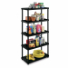 Scaffali modulari in polipropilene a cinque ripiani con montanti, di colore nero. Portata di un ripiano 25kg uniformemente distribuiti, dimensioni: 80x40x173,4cm.