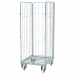 Carrello Roll Container con 3 sponde laterali, in filo zincato, 4 ruote nylon 10cm, 2 fisse e 2 girevoli. Portata 500kg. Dimensioni: 70Lx80Px179Hcm. Fornito smontato.