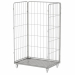 Carrello Roll Container con 3 sponde laterali, in filo zincato, 4 ruote nylon 10cm, 2 fisse e 2 girevoli. Portata 500kg. Dimensioni:120Lx80Px198Hcm. Fornito smontato.