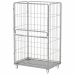 Carrello Roll Container con 4 sponde laterali, di cui una con ribalta, in filo zincato, 4 ruote nylon 10cm, 2 fisse e 2 girevoli. Portata 500kg. Dimensioni:120Lx80Px198Hcm. Fornito smontato.