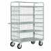 Carrello in lamiera a 4 piani estraibili, sponde in rete con maglia 5x5x0,4cm su 3 lati, manico e 1 piano fisso. Ruote 20cm con cuscinetti, 2 fisse e 2 girevoli. Portata 450kg. Verniciatura a polvere grigio RAL 7038. Ideale per lo spostamento rapido e in 