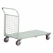 Carrello con pianale in lamiera e 1 sponda in tubo e rete con maglia 5x5x0,4cm, ruote 14cm con cuscinetti a rulli, 2 fisse e 2 girevoli. Portata 300kg. Verniciatura a polvere grigio RAL 7038. Dimensioni carrello: 124Lx66Px20/9,60Hcm. Dimensioni pianale: 1
