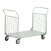 Carrello con pianale in lamiera e 2 sponde in tubo e rete con maglia 5x5x0,4cm, ruote 14cm con cuscinetti a rulli, 2 fisse e 2 girevoli. Portata 300kg. Verniciatura a polvere grigio RAL 7038. Dimensioni carrello: 138Lx66Px20/96Hcm. Dimensioni pianale: 110