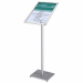 Leggio da terra con stelo in alluminio e base mdf laccata. Completo di cornice a scatto orientabile sia in orizzontale che in verticale. Ideale per presentare menu', schede informative, presentazioni ecc. altezza 120cm