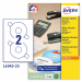 Confezione da 25 fogli di carta nel formato A4 adesiva permanente bianca opaca. Ogni foglio contiene 2 etichette CD/DVD con foro da41mm diametro 117mm.  Etichette a copertura parziale della superficie del CD. Pratiche alette su tutte le etichette per CD e