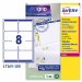 Scatola da 100fogli in formato A4 di carta bianca adesiva permanente. Ogni foglio contiene 8 etichette rettangolari con angoli tondi nel formato 99,1x67,7mm. Tecnologia QuickPEEL™. Stampa inkjet, laser e laser colore.