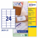 Confezione da 25 fogli in formato A4 in carta adesiva bianca. Ogni foglio contiene 24 etichette rettangolari con angoli tondi nel formato 63,5 x 33,9 mm. Adatto per stampanti inkjet. Tecnologia QuickDry.