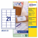 Confezione da 25 fogli in formato A4 in carta adesiva bianca. Ogni foglio contiene 21 etichette rettangolari con angoli tondi nel formato 63,5 x 38,1 mm. Adatto per stampanti inkjet. Tecnologia QuickDry.