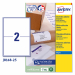 Confezione da 25 fogli in formato A4 in carta adesiva bianca. Ogni foglio contiene 2 etichette rettangolari con angoli tondi nel formato 199,6 x 143,5 mm. Adatto per stampanti inkjet. Tecnologia QuickDry.