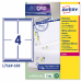 Scatola da 100fogli in formato A4 di carta bianca adesiva permanente. Ogni foglio contiene 4 etichette rettangolari con angoli tondi nel formato 99,1x139mm. Tecnologia QuickPEEL™. Stampa inkjet, laser e laser colore.