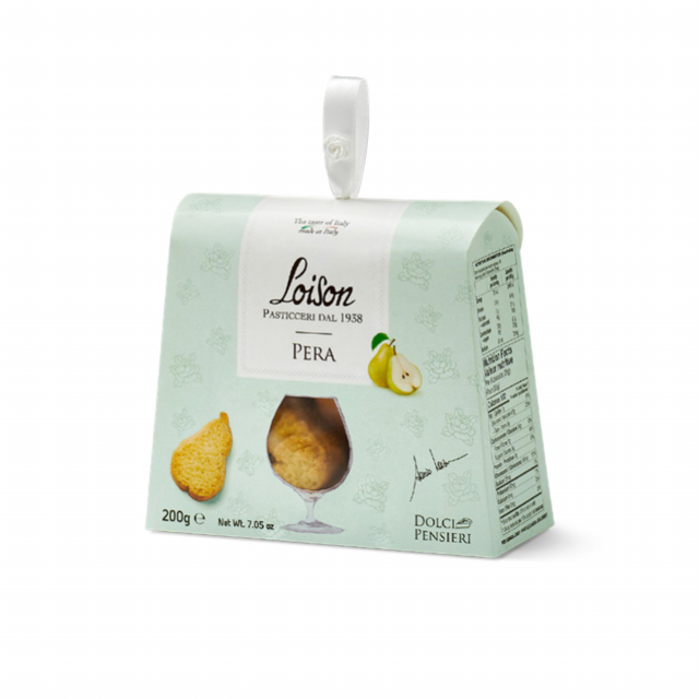 Burroso frollino con la pera che conferisce freschezza d'aroma a un biscotto che davvero non ha uguali, in astuccio 200g Loison.