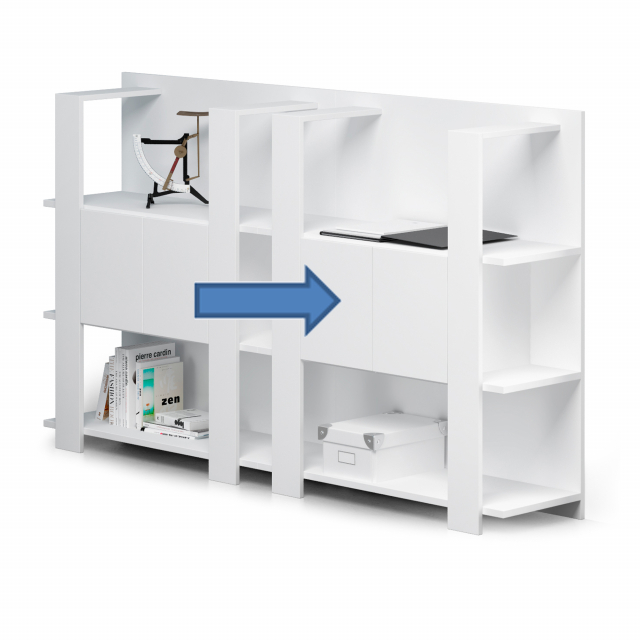 Coppia ante a scatto senza maniglia + paretine laterali per librerie Concept. Struttura in truciolare nobilitato melaminico sp.22 mm. Dimensioni: L60 x H36,8cm.