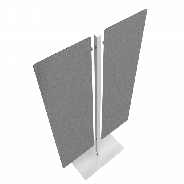 Struttura autoportante con piantana in alluminio allestita con 2 pannelli Moody fonoassorbenti. I pannelli acustici sono in fibra di poliestere, realizzati con materiale riciclato, composti di più strati accoppiati di densità variabile con tessuto esterno