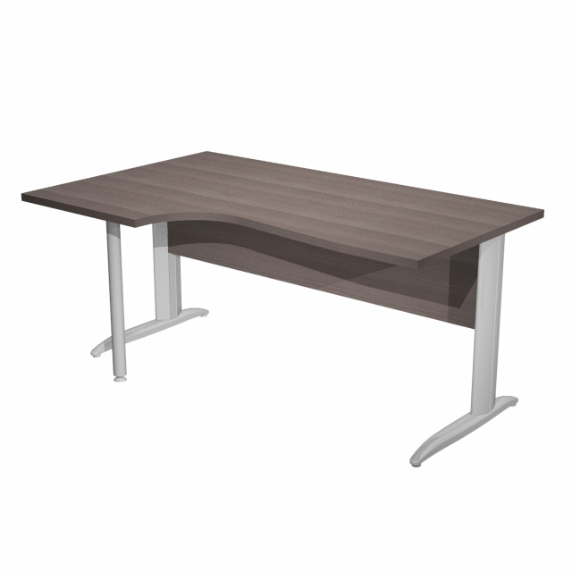 Scrivania compact sinistro sagomata con fianchi metal ad L verniciati effetto cromato. Spessore 22mm. Completi di canalina passacavi e piedini regolabili in altezza e supporto metal. Desktop con bordo anti urto in ABS da 2mm. Dimensioni: 160x60/80/100x72c