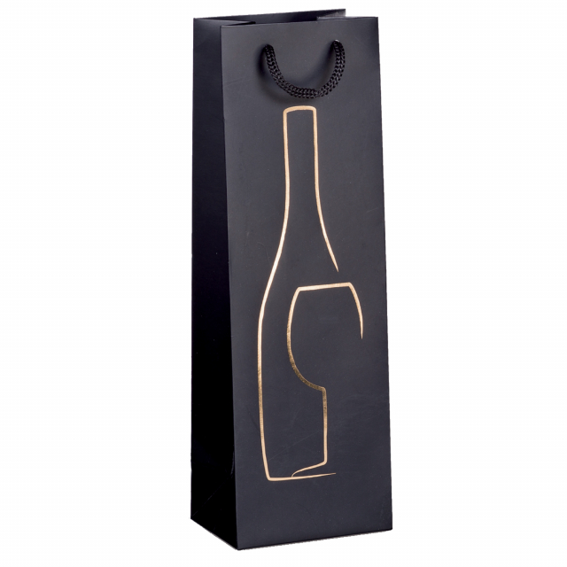 Shopper portabottiglie in carta patinata 190 g/m2. Dotato di manici in corda. Stampa oro a caldo.