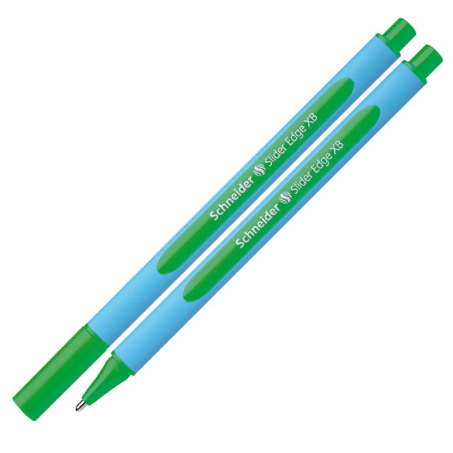 Penna a sfera Slider Edge con tecnologia Viscoglide®, inchiostro ultra scorrevole e asciugatura istantanea. Fusto gommato ergonomico, triangolare per una postura rilassata della mano. 
Punta XB. Colore verde.
