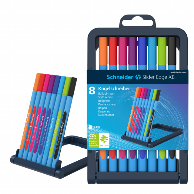 Astuccio con 8 penne a sfera dotate dell'innovativa tecnologia VISCOGLIDE. Penna a sfera Slider Edge con tecnologia Viscoglide®, inchiostro ultra scorrevole e asciugatura istantanea. Fusto gommato ergonomico, triangolare per una postura rilassata della ma