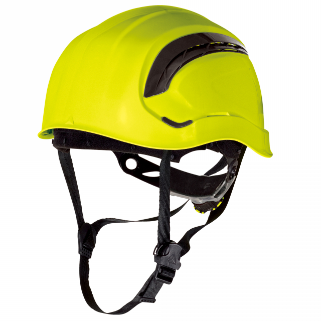 Elmetto da cantiere ventilato, in ABS. Sistema speciale d’alette per una protezione contro le proiezioni e una superficie di ventilazione ottimizzata.  Cuffia in poliammide: 3 fasce tessili con 8 punti di fissaggio. Frontalino antisudore termoformato. Sis