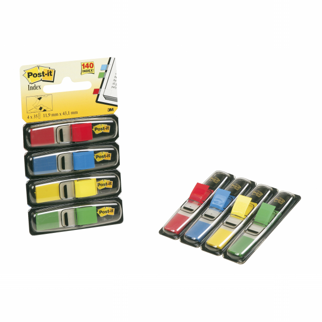 Segnapagina in formato mini, autoadesivi, scrivibili e riposizionabili per unÆeffi cace organizzazione del proprio lavoro. Disponibili in confezione da 4 colori rosso, blu, giallo e verde. Ogni confezione contiene 140 segnapagina di dimensioni 12x43,2mm.