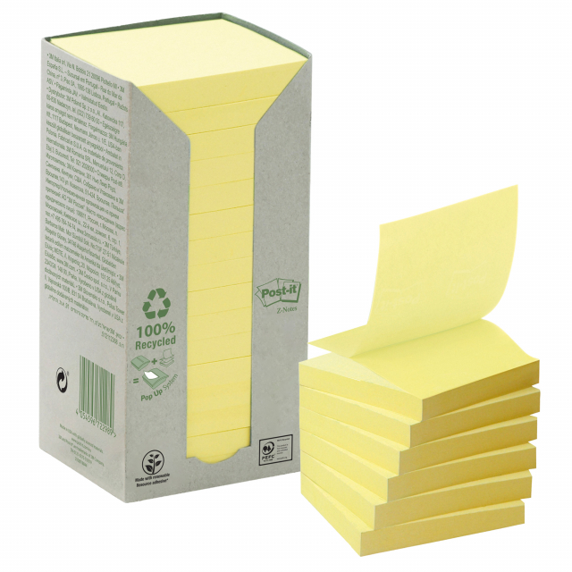 Ricariche di foglietti Post-it Z-Notes Green in carta riciclata al 100% certificata Der Blaue Engel in colore giallo. La ricarica va utilizzata con uno dei tanti dispenser per foglietti Post-it Z-Notes. Blocchetto da 100 fogli. Formato 76x76mm. Colore :