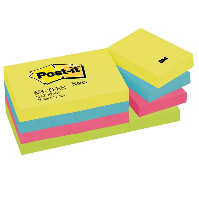 Blocco di foglietti Post-it. Un mix di colori forti che variano dal giallo al fucsia per far emergere al meglio i tuoi messaggi! Blocchetti da 100 fogli. Formato 38 x 51mm. Colori assortiti. Nuove confezioni in cartoncino riciclato.