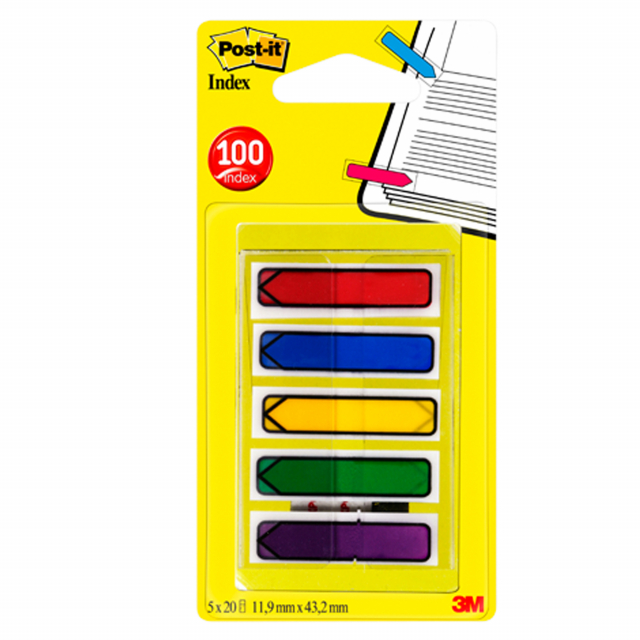 Segnapagina in formato mini frecce, autoadesivi, scrivibili e riposizionabili. Disponibili in confezione da 5 colori: rosso, blu, giallo, verde e viola. Formato 12x43.2mm.