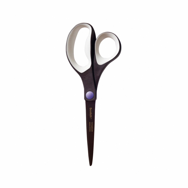 Forbici Titanium no stick. Lama in titanio nero con rivestimento antiadesivo. Perno regolabile per il controllo della tensione. Impugnatura comfort asimmetrica in gomma morbida. Lunghezza 20cm.