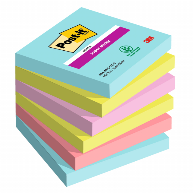 Foglietti Post-it® Super Sticky Cosmic: acqua, verde acido, rosa tropicale, rosa guava.