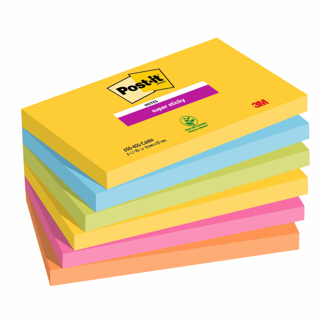 Foglietti Post-it® Super Sticky Carnival: giallo sole, blu paradiso, verde lime, rosa power, arancio acceso.