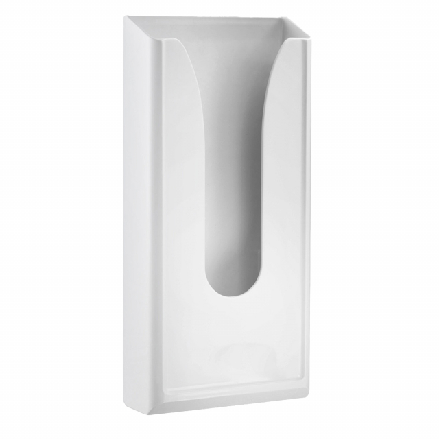 Dispenser murale bianco per sacchetti igienici. Dimensioni 29,5x5,5x13,5cm, capacità 60 sacchetti.