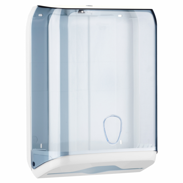 "Dispenser portaasciugamani piegati a ""C"" a ""Z"" a ""V"". CapacitÓ 400 fogli. Dimensioni h375xp137xl280mm. Colore trasparente/bianco."