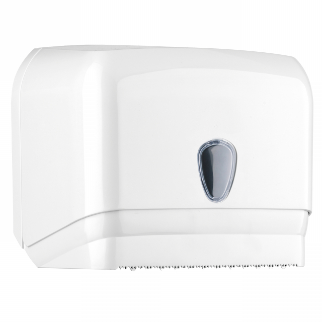 "Dispenser colore bianco con lente riserva per asciugamani in carta. Puo' contenere sia il rotolo (dimensioni massime diametro 155mm h240mm) o i fogli intercalati piegati a ""C"" o a ""V"". Dimensioni dispenser: h251xp195xl300mm."