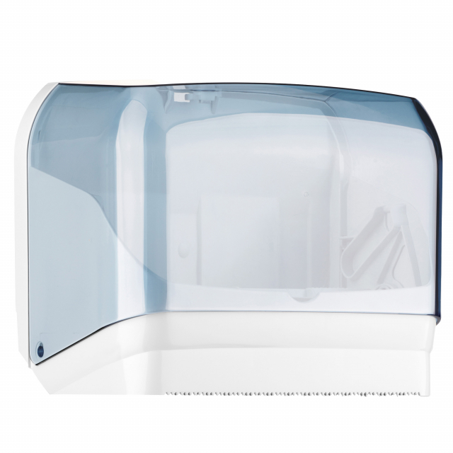 "Dispenser per asciugamani in carta. Puo' contenere sia il rotolo (dimensioni massime diametro 155mm h240mm) o i fogli intercalati piegati a ""C"" o a ""V"". Dimensioni dispenser: h251xp195xl300mm."