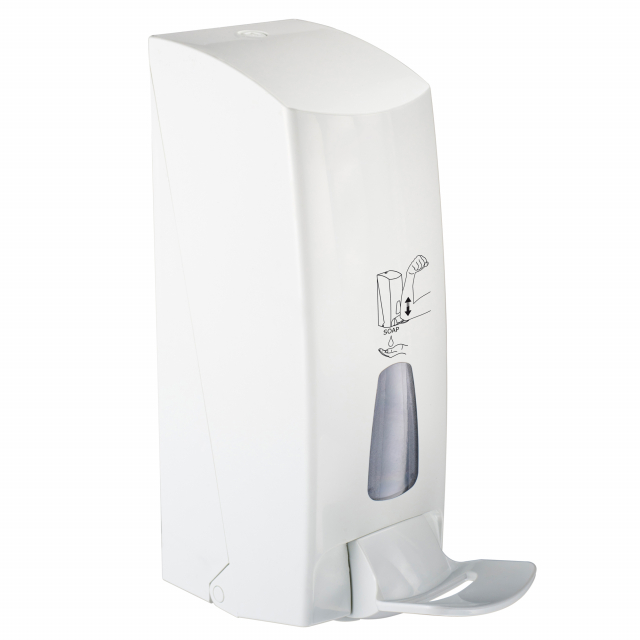 Dispenser a riempimento per sapone liquido/gel igienizzante. Fissaggio a muro o su piantana art.612 con con tasselli 'Fischer' in dotazione. Vaschetta capacità 1 litro, con coperchio “a tenuta”. Chiusura a scatto, apertura con chiave. Azionamento mediante