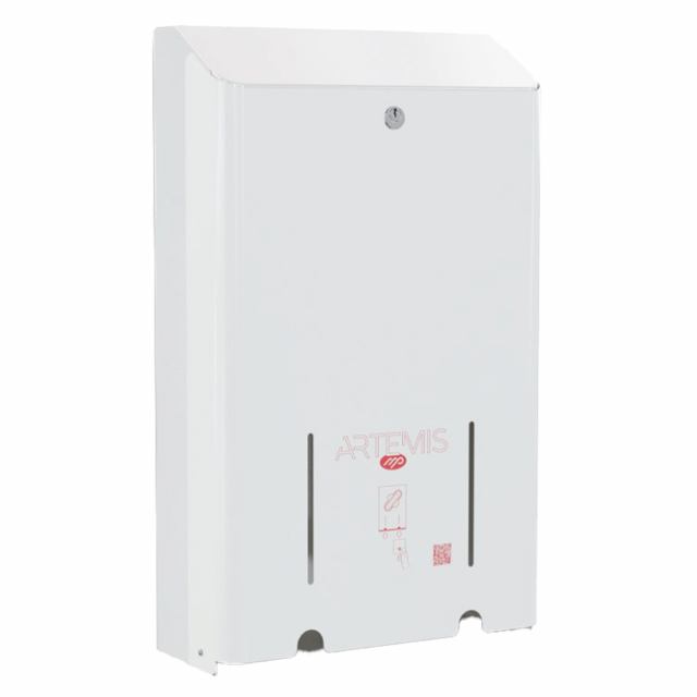 Distributore in metallo verniciato di assorbenti igienici da muro (con viti e tasselli inclusi) compatibile con la maggior parte degli assorbenti esterni femminili. Semplice da utilizzare e da rifornire e compatibile con la maggior parte di assorbenti fem