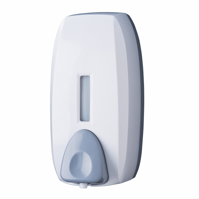 Distributore con serbatoio da 750ml per sapone a schiuma. Base in ABS grigio e cover in ABS bianco. Tanica in plastica a riempimento. Funziona con preparati idonei costituiti da una miscela di acqua distillata al 65% e sapone liquido non cremoso al 35%. S