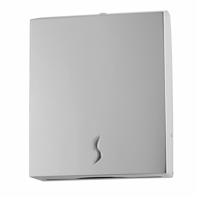 Dispenser in acciaio inox brillante aisi 430. Adatto per asciugamani piegati a C o a Z. Viteria inox inclusa. Dimensioni: L28xP10,2xH36,5cm. Capacità 400 fogli. Effettuare una periodica manutenzione per prevenire l’ossidazione del materiale utilizzando un