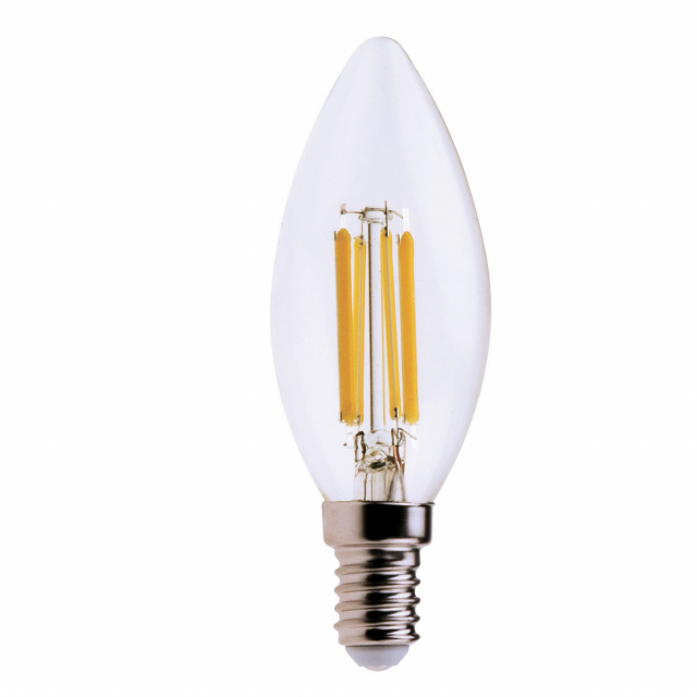 Lampada LED Classe tipo F luce bianca naturale (4000K). Potenza 6W. Potenza equivalente 60w. Risparmio energetico 90%. Tensione di lavoro 220-240v. Attacco E14. Cri >80. Lumen 806. Angolo di illuminazione >360¦. Misure d.35 x h. 98mm
