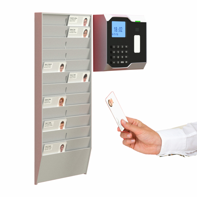 Supporto da muro per badge con struttura in polistirene. Formato da 24 tasche porta tessere da 9,5x5,4cm. Viteria per affissione non inclusa. Facilmente ampliabili per affiancamento. L19,9 x P2,5 x H37,5cm.