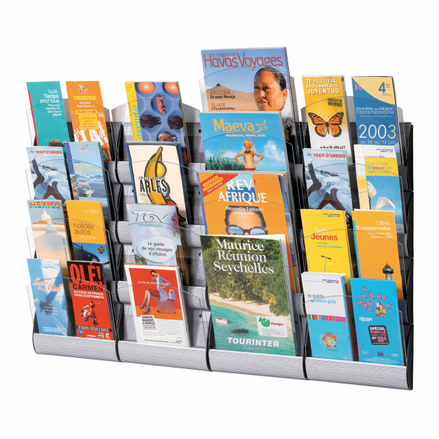 Espositori da muro in polistirene per realizzare ampie presentazioni ottimizzandolo spazio. I diversi moduli possono essere affiancati per creare pannelli espositivi. Colore alluminio. dimensioni (lxpxh) 25x8,5x73,5cm - 4 tasche a4.