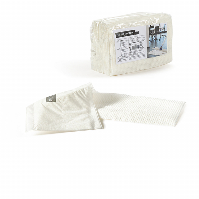 Panni monouso dotati di velcro, utilizzabili sia solo con acqua che impregnati di liquido pulente o disinfettante. Dimensioni: 42x13 cm. Materiali, velcro: polipropilene e polietilene; strato interno: polpa di cellulosa; parte pulente: viscosa, polietilen
