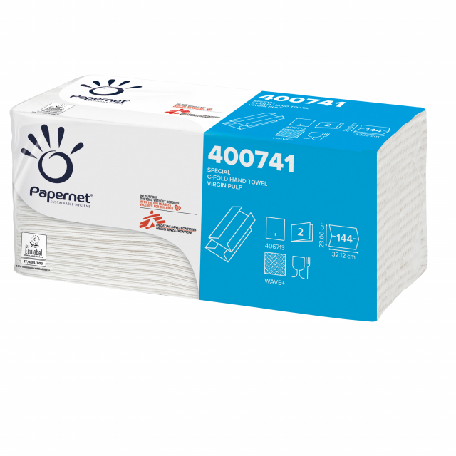 Asciugamani di carta usa e getta Ecolabel Papernet con goffratura ad onda, piegati a C, due veli incollati. Elevata qualità. Formato 33x23cm.