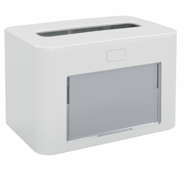 Dispenser per tovaglioli interfogliati realizzato in plastica antibatterica con coperchio leggermente inclinato per favorire lo scivolamento verso l'esterno dei liquidi che accidentalmente potrebbero cadere sul dispenser. Totalmente ermetico protegge i to
